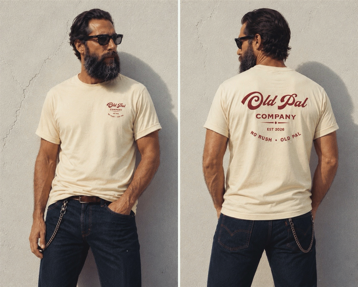 Male model wearing Aged White Old Pal Company Standard Edition T-shirt with blue  jeans and vintage-inspired styling