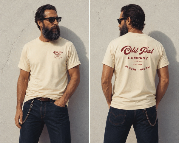 Male model wearing Aged White Old Pal Company Standard Edition T-shirt with blue  jeans and vintage-inspired styling