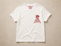 Classic white heavyweight T-shirt with vintage red Road Division graphic on the front featuring single skull motorcycle helmet, lightning bolts, and Old Pal Road Division company branding.