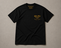 Black heavyweight Cotton T-Shirt with mustard Old Pal Company chest print laid flat on neutral background