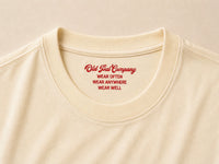 Close up of of old pal company inside neck print on aged white heavyweight cotton T-Shirt