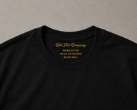 Close up of of old pal company inside neck print on Pitch Black heavyweight cotton T-Shirt