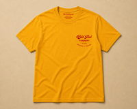 Mustard heavyweight Cotton T-Shirt with red Old Pal Company chest print laid flat on neutral background